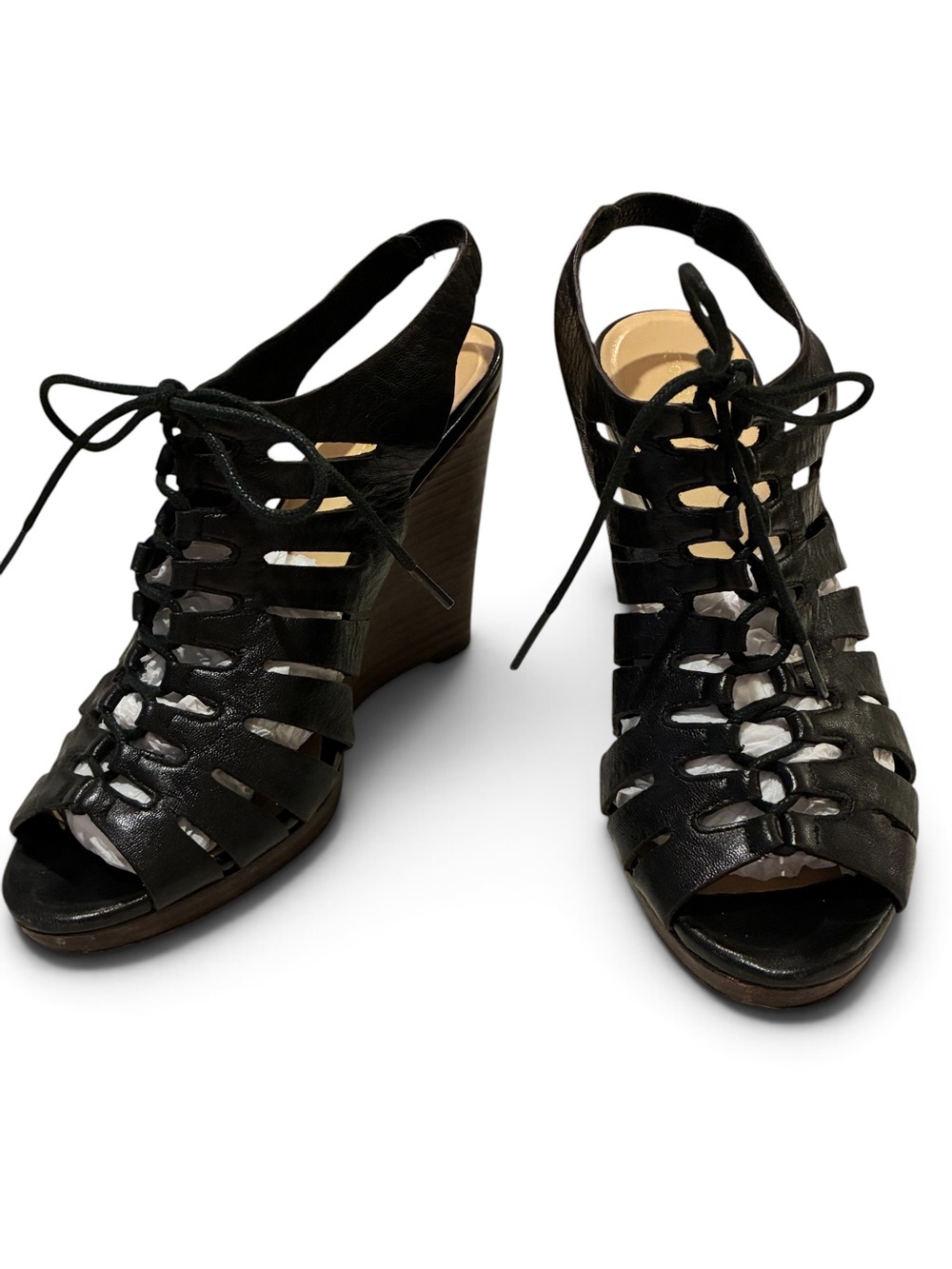 Cole Haan leather sandals lace tie up platform wedge elastic sling backs 8.5